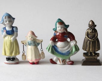 Vintage Dutch Girl Figurines Lot of 4, Celluloid Metal Porcelain 1950s 1960s