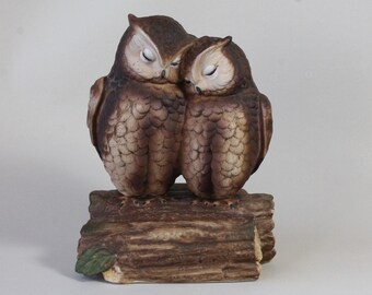 Vintage Gorham Owl Music Box Figurine, Owl Love Birds On Log, Love Makes The World Go Round, Made In Japan 1970s