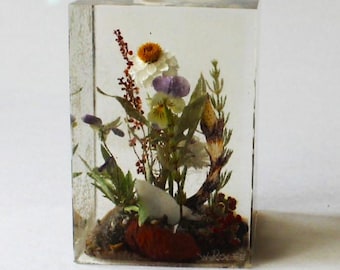 Vintage Rolfe Lucite Paperweight Woodland Flowers Acrylic Diorama