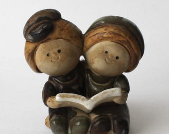 Vintage Ceramic Boy Girl Book Figurine Dry Bud Vase, UCTCI Japan 1970s