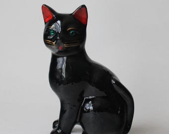 Vintage Black Cat Figurine, Redware Cat Rhinestone Eyes, 1950s Cat