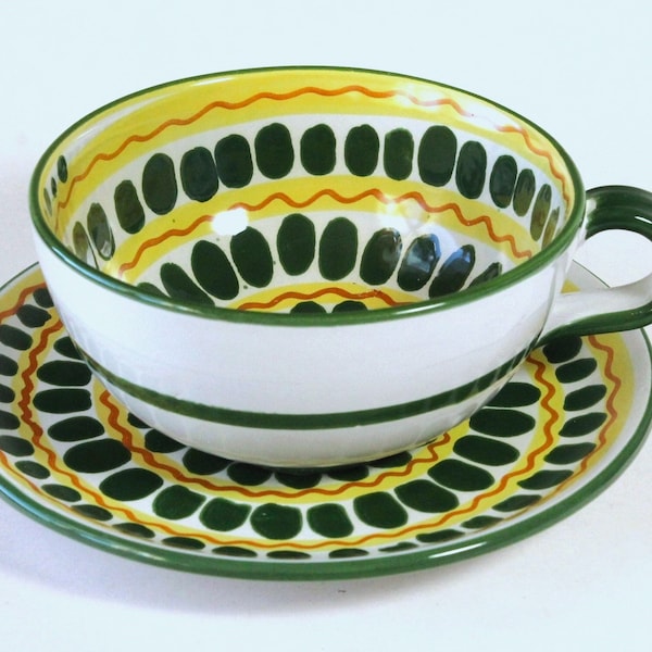 Vintage Oversized Ceramic Cup Saucer, Made In Italy, Spiral Pattern Green and Yellow, Large Cup and Saucer Home Decor