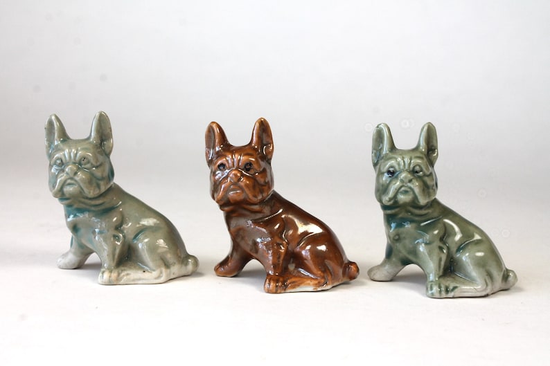 Dog Figurines Made in Japan 1950s 1960s Small Porcelain BullDogs Green Blue Brown Glaze Vintage French Bulldog Figurines