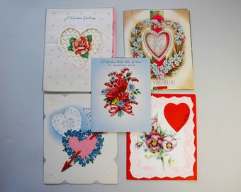 Vintage Valentine Greeting Card Lot 1940s 1950s, Valentine Flowers Valentine Cards, Used and Unused Lot 5 Cards, Heart Craft Supply