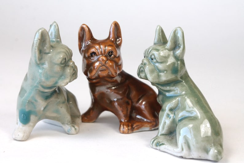 Dog Figurines Made in Japan 1950s 1960s Small Porcelain BullDogs Green Blue Brown Glaze Vintage French Bulldog Figurines