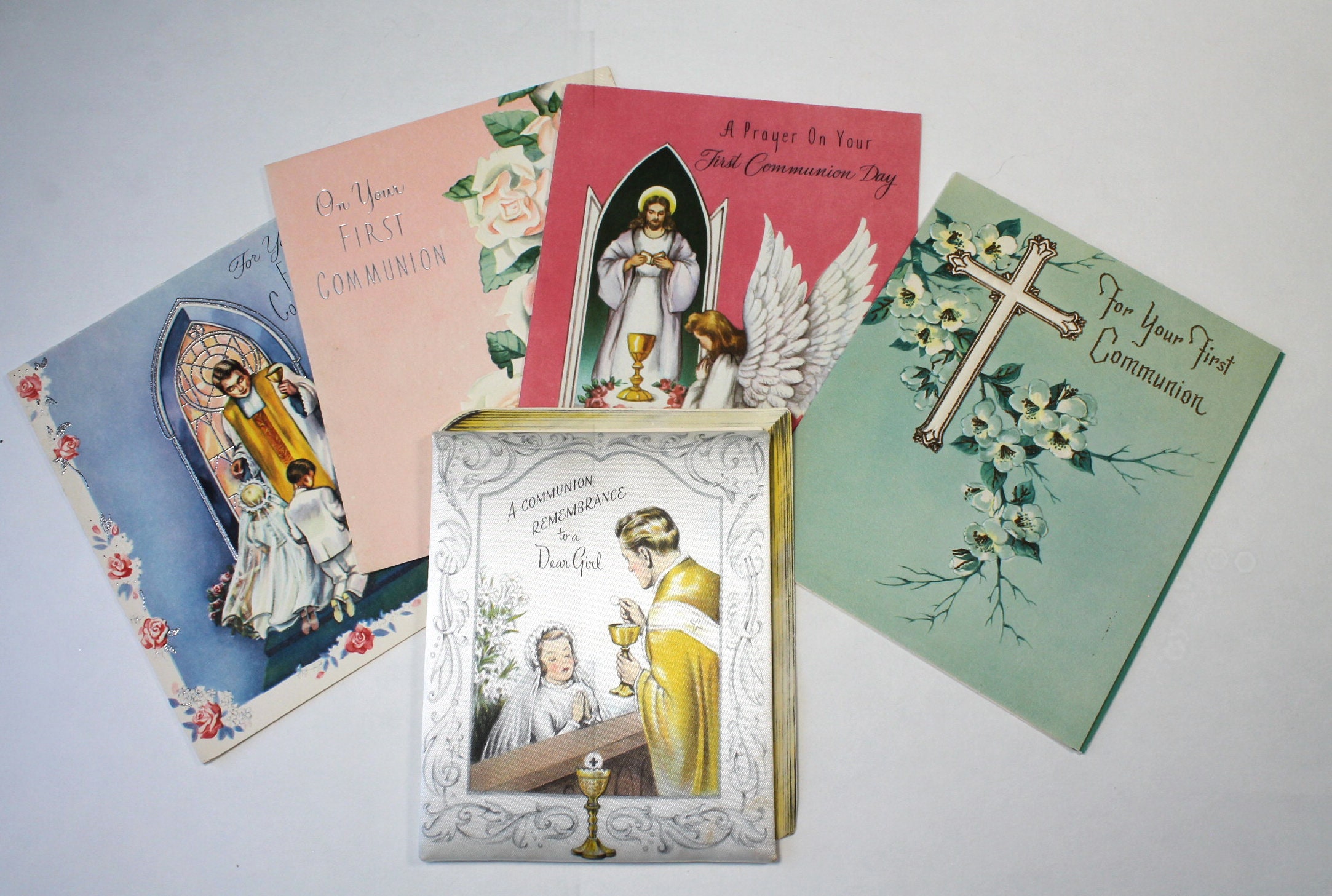 Vintage First Holy Communion Cards 1950s, 4 Unused American Greeting Cards, 1 Signed Card, Vintage Catholic Holy Communion Card Lot