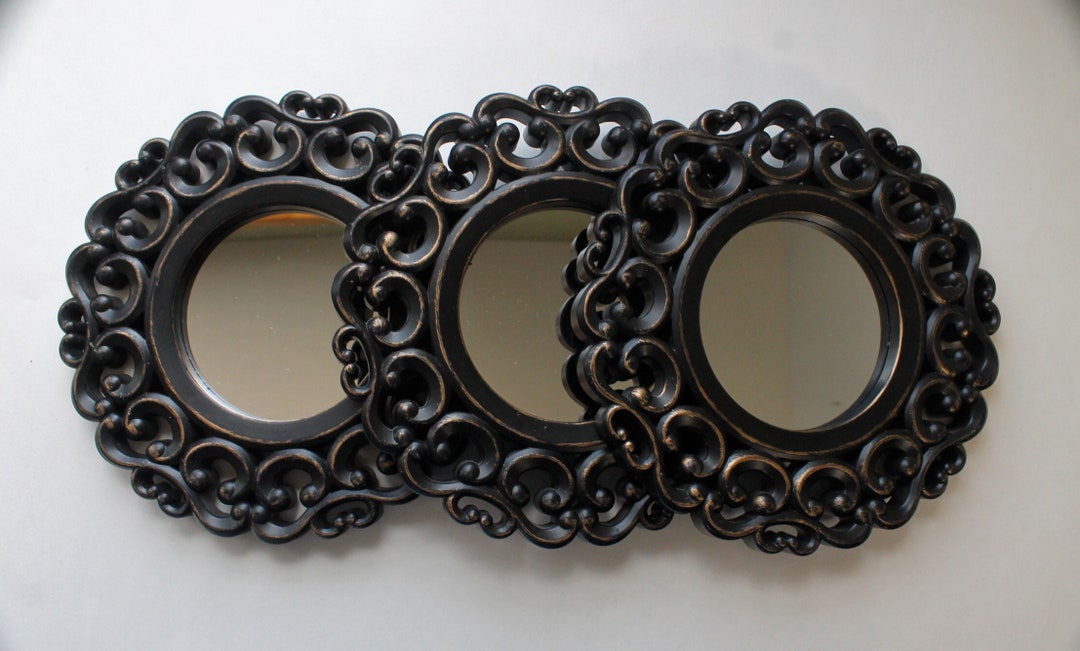 Vintage Set 3 Round Decorative Mirrors Black Gold Plastic Etsy