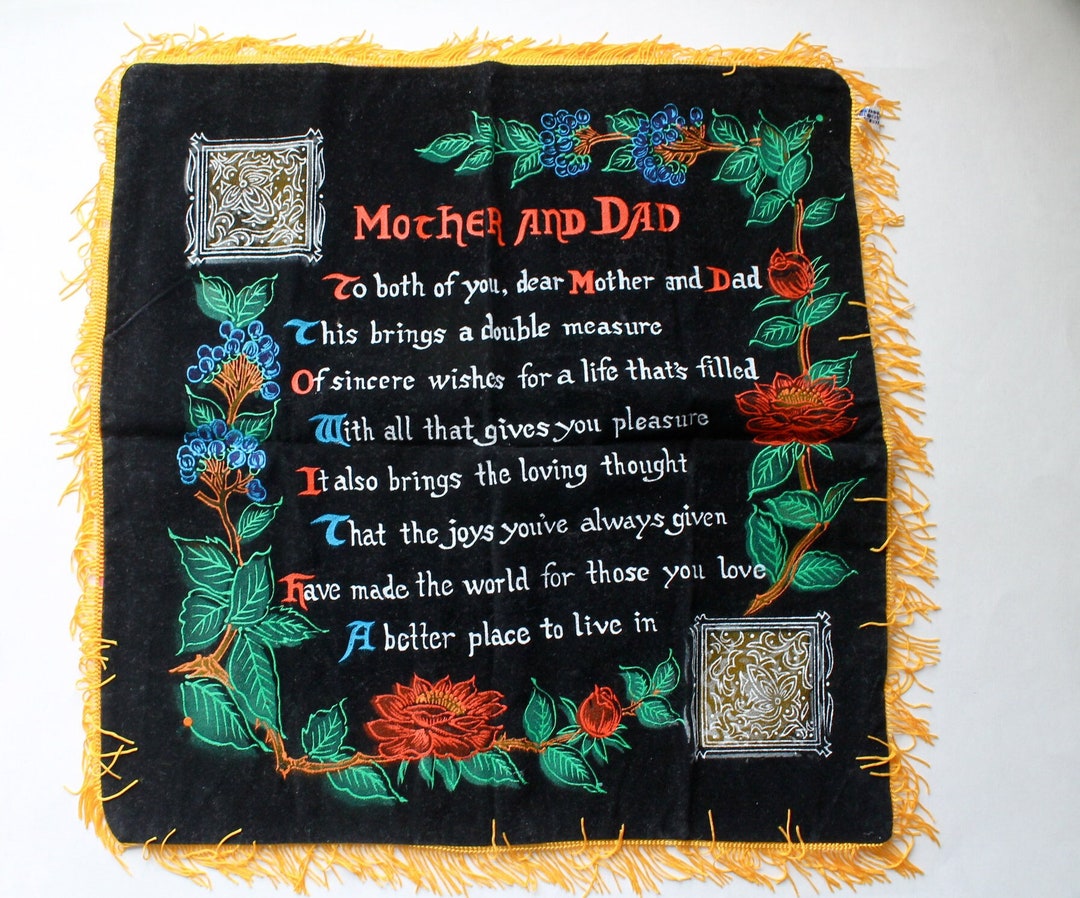 Vintage Black Velvet Pillow Sham Ode to Mother & Dad Rayon Backing ...