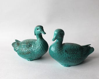 Vintage Napcoware Duck Figurine Set, 1960s Teal Gold Mandarin Duck Decor