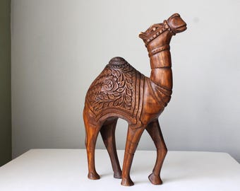 Large Camel Wood Carving, Hand Carved Standing Camel Decor