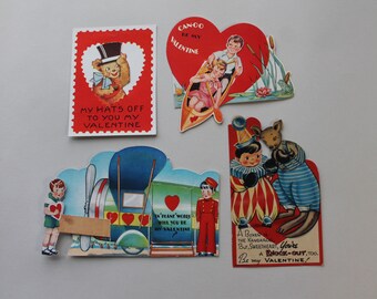 Vintage Mechanical Valentine Cards Lot 4 Airplane Teddy Bear Canoe Kangaroo, Signed Used Valentine&#39;s Cards 1930s 1940s