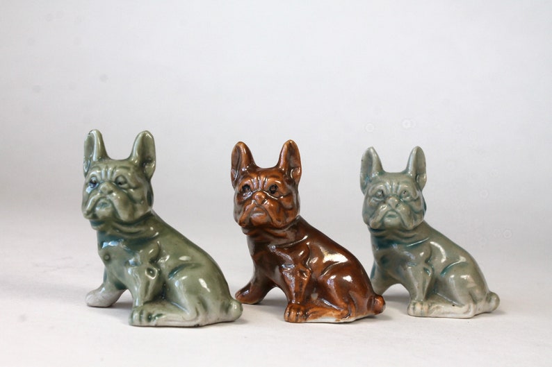 Dog Figurines Made in Japan 1950s 1960s Small Porcelain BullDogs Green Blue Brown Glaze Vintage French Bulldog Figurines