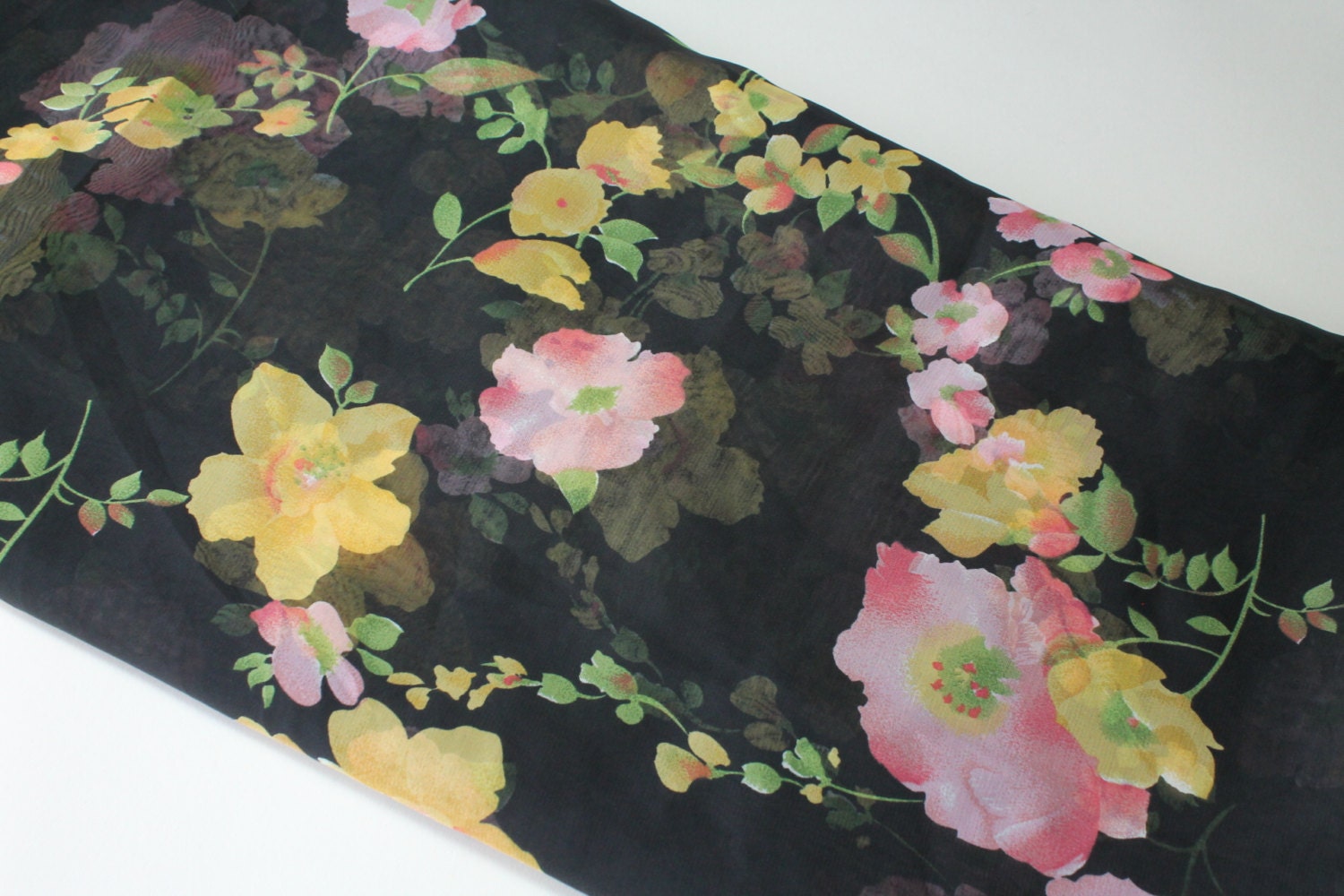 Vintage Japanese Sheer Fabric, Floral Print, Black With Pink Yellow Green Flowers, Made in Japan 44 X 134 - Etsy Vintage Japanese Sheer Fabric, Floral Print, Black With Pink Yellow Green Flowers, Made in Japan 44 X 134 - Etsy