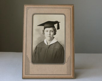Vintage Graduation Portrait Sepia Tone Woman in Cap Gown Stand Up Folder 1930s 1940s