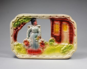 Vintage Chalkware Bas Relief Woman In A Flower Garden Folk Country Kitchen Decor 1940s 1950s