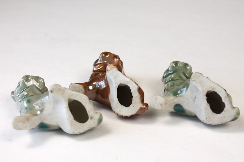 Dog Figurines Made in Japan 1950s 1960s Small Porcelain BullDogs Green Blue Brown Glaze Vintage French Bulldog Figurines