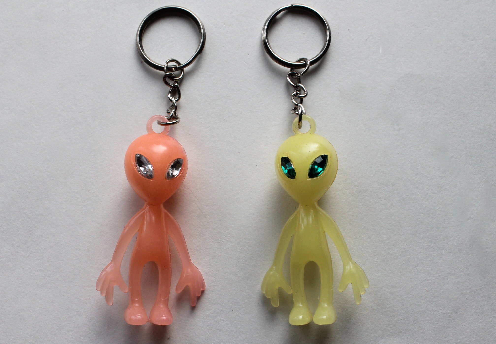 2 Vintage Alien Keychains, Rhinestone Eye Alien, Glow in the Dark