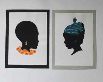 African American Black Women Silhouette Art Prints, Set of 2