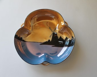 Vintage Lusterware Bowl: Meito China Art Deco Windmill Bowl, Made In Japan