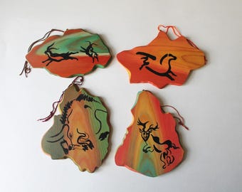 Cave Painting Wood Ornament Set: Primitive Rock Art Wall Hangings