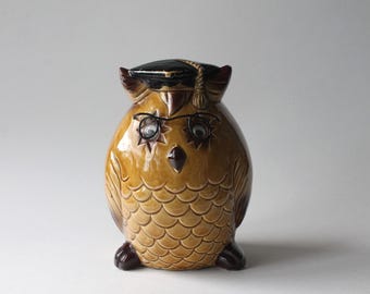 Vintage Ceramic Owl Bank: Wise Figurine with Cap & Glasses