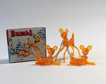 Vintage Orange Plastic Deer Family Chained Made In Hong Kong 1970s