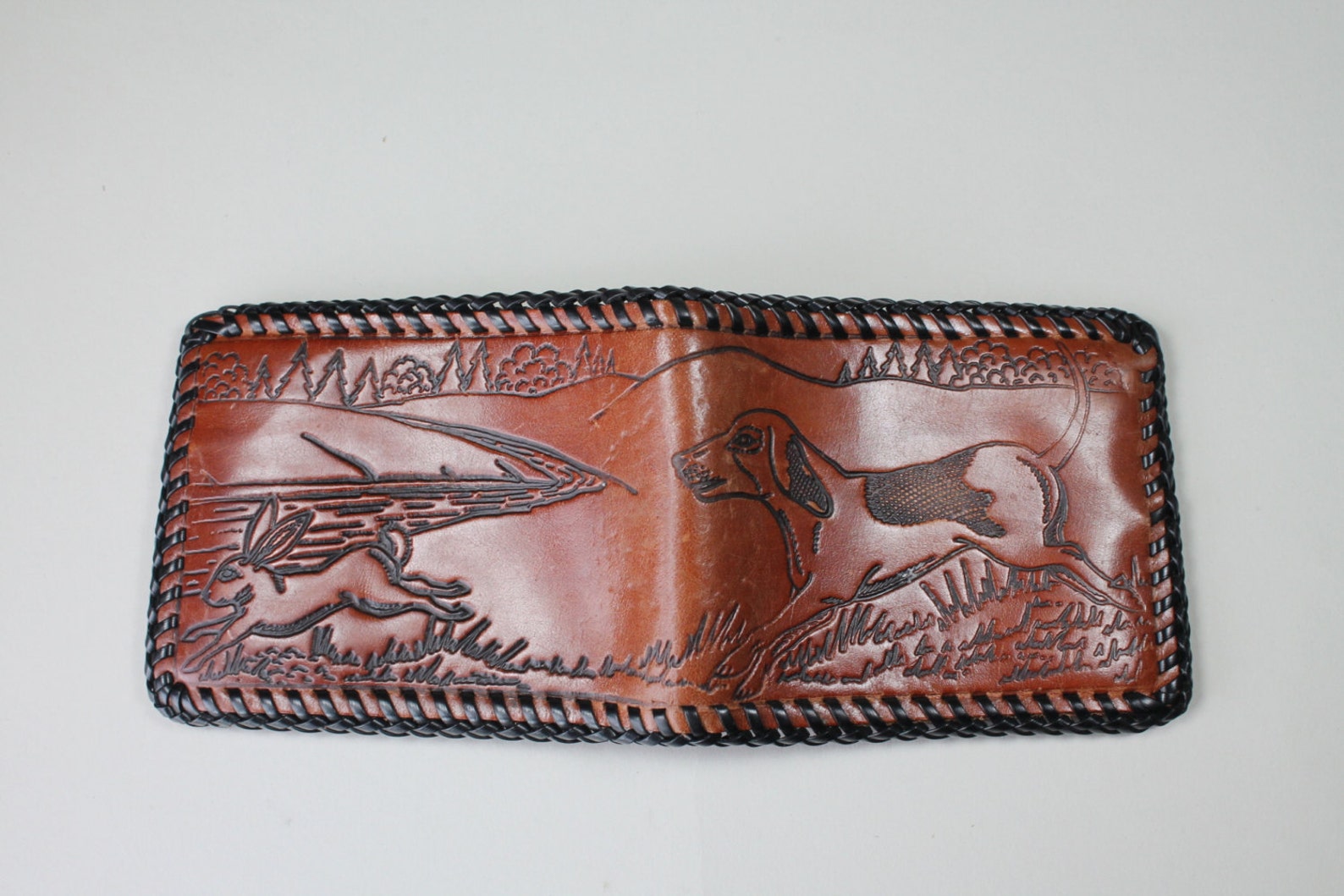 Vintage Laced Hand Tooled Leather Bifold Wallet Beagle Rabbit Etsy