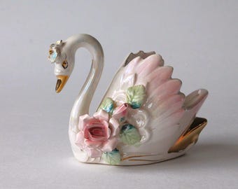 Vintage Small Norcrest Swan Figurine, Luster Glaze Applied Flowers, 1950s Cody Wyoming