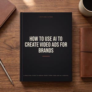 May include: A black hardcover book titled HOW TO USE AI TO CREATE VIDEO ADS FOR BRANDS with the subtitle A PRACTICAL GUIDE TO MAKING SHORT-FORM VIDEO ADS AS A SERVICE and the brand name LIMITLESS GUIDES printed in white and light orange text.