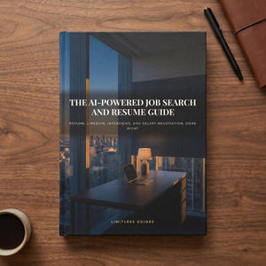 May include: A hardcover book titled The AI-Powered Job Search and Resume Guide with a cover image of a desk, laptop, and lamp overlooking a city skyline at dusk. The text includes Resume, LinkedIn, Interviews, and Salary Negotiation, Done Right.