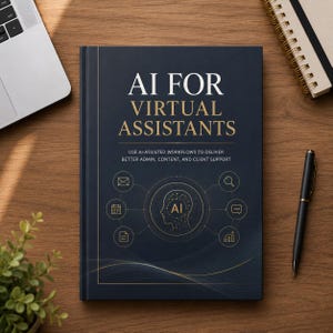 Op de afbeelding: Een donkerblauw hardcover boek getiteld AI FOR VIRTUAL ASSISTANTS met gouden tekst en een centrale afbeelding van een menselijk hoofdprofiel met de letters AI, omringd door zes kleine iconen die met elkaar verbonden zijn door lijnen.