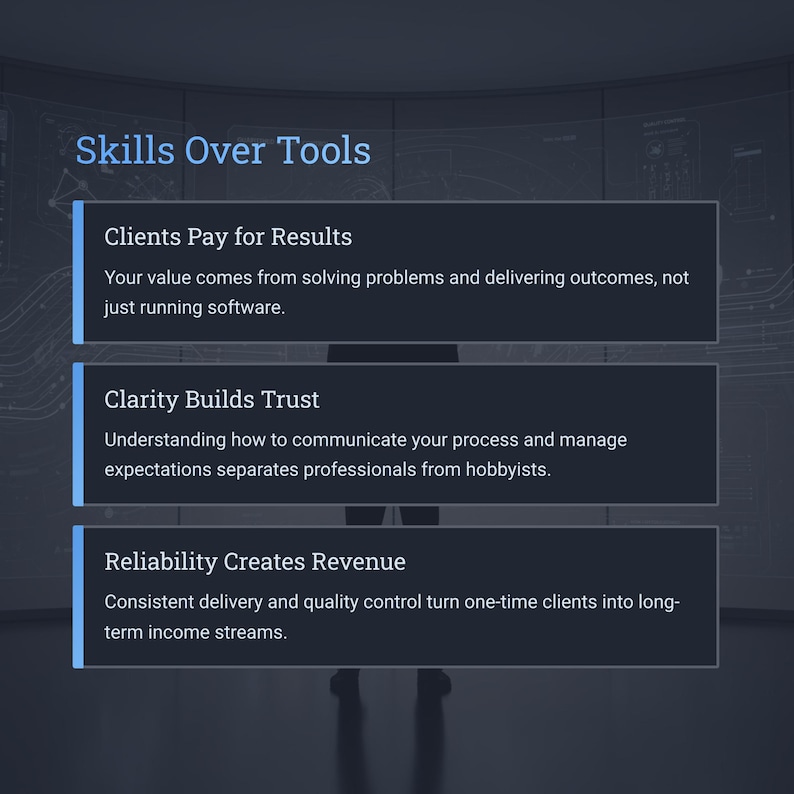 May include: A digital graphic with the text "Skills Over Tools." Below, three rectangular boxes contain text: "Clients Pay for Results," "Clarity Builds Trust," and "Reliability Creates Revenue." The background is a dark blue with a blurred silhouette.
