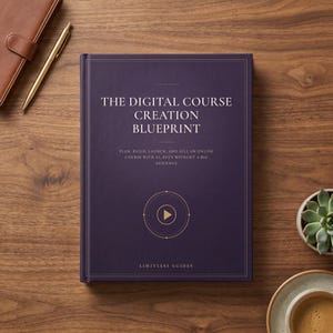 Könnte beinhalten: Ein dunkelviolettes Hardcover-Buch mit dem Titel THE DIGITAL COURSE CREATION BLUEPRINT und einem goldenen Play-Button-Symbol. Der Einbandtext lautet: PLAN, BUILD, LAUNCH, AND SELL AN ONLINE COURSE WITH AI, EVEN WITHOUT A BIG AUDIENCE. Herausgeber: LIMITLESS GUIDES.