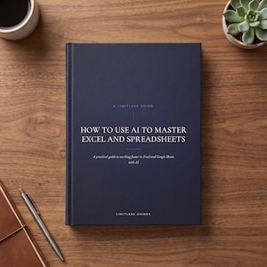 Könnte beinhalten: Ein dunkelblaues Hardcover-Buch mit dem Titel How to Use AI to Master Excel and Spreadsheets, dem Untertitel A practical guide to working faster in Excel and Google Sheets with AI und dem Verlagsnamen Limitless Guides am unteren Rand.