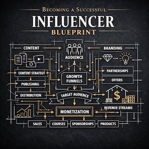 Könnte beinhalten: Ein Diagramm mit dem Titel "Becoming a Successful Influencer Blueprint" auf dunklem Hintergrund. Das Diagramm umreißt Schritte wie Content-Strategie, Zielgruppe, Wachstumstrichter und Monetarisierung. Es umfasst auch Branding, Partnerschaften und Einnahmequellen.