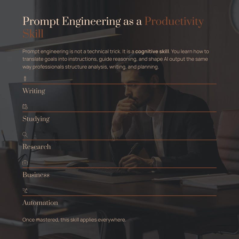 May include: Image with the text "Prompt Engineering as a Productivity Skill." A man in a suit is working on a computer. The image lists "Writing," "Studying," "Research," "Business," and "Automation" as skills.