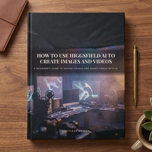 May include: A hardcover book titled How to Use Higgsfield AI to Create Images and Videos: A Beginner's Guide to Making Visuals and Short Videos with AI. The cover features a dark, moody workspace with computer monitors and film equipment.