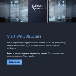 May include: A digital graphic with the title "Business Systems" and the tagline "From Chaos to Clarity." The image also includes the text "Start With Structure" and a call to action button that says "Get the Guide."