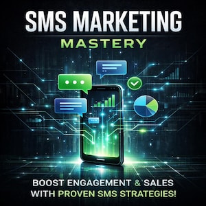 Könnte beinhalten: Digitalgrafik, die SMS Marketing Mastery bewirbt. Das Bild zeigt ein Smartphone mit Datenvisualisierung, umgeben von Sprechblasen und einem Kreisdiagramm. Der Text enthält "SMS MARKETING MASTERY" und "BOOST ENGAGEMENT & SALES WITH PROVEN SMS STRATEGIES!"