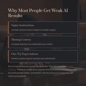 May include: Image with text: "Why Most People Get Weak AI Results." It highlights "Vague Instructions," "Missing Context," and "One-Try Expectations." The text discusses communicating intent and structure for AI clarity and purpose.