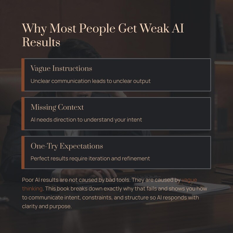 May include: Image with text: "Why Most People Get Weak AI Results." It highlights "Vague Instructions," "Missing Context," and "One-Try Expectations." The text discusses communicating intent and structure for AI clarity and purpose.