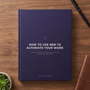 Puede incluir: Un libro de tapa dura de color morado oscuro titulado How to Use N8N to Automate Your Work, con el subtítulo A No-Code Guide to Automating Tasks and Connecting Your Tools y el nombre de la editorial Limitless Guides impreso en blanco.