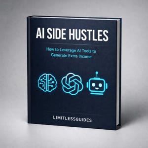 May include: A hardcover book titled "AI Side Hustles" with white text on a dark blue background. The cover features three glowing teal icons: a brain, a knot, and a robot. The subtitle reads, "How to Leverage AI Tools to Generate Extra Income."