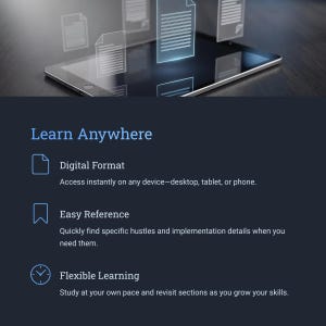 May include: A digital tablet with glowing document icons floating above it. The text "Learn Anywhere" is displayed, followed by descriptions of digital format, easy reference, and flexible learning.