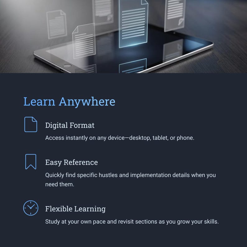 May include: A digital tablet with glowing document icons floating above it. The text "Learn Anywhere" is displayed, followed by descriptions of digital format, easy reference, and flexible learning.
