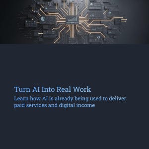 May include: An abstract digital art piece featuring a circuit board design with glowing yellow lines and data displays. The text "Turn AI Into Real Work" and a description about AI and digital income are displayed below the circuit board.