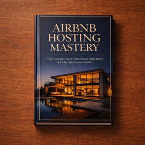 May include: A hardcover book titled "Airbnb Hosting Mastery" with gold lettering on a dark blue cover. The cover features a modern house with a pool at dusk. The book's subtitle reads: "The Complete Short-Term Rental Operations & Profit Optimization Guide."