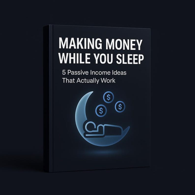 May include: A book cover with the title "MAKING MONEY WHILE YOU SLEEP" in white text. Below, it reads "5 Passive Income Ideas That Actually Work." A blue crescent moon graphic with dollar signs and a person sleeping is featured.