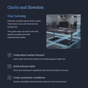 May include: Dark blue graphic with the text "Clarity and Direction" and "Stop Guessing". An image of a black desk with a computer and a glowing blue grid is in the background. The text describes AI services.