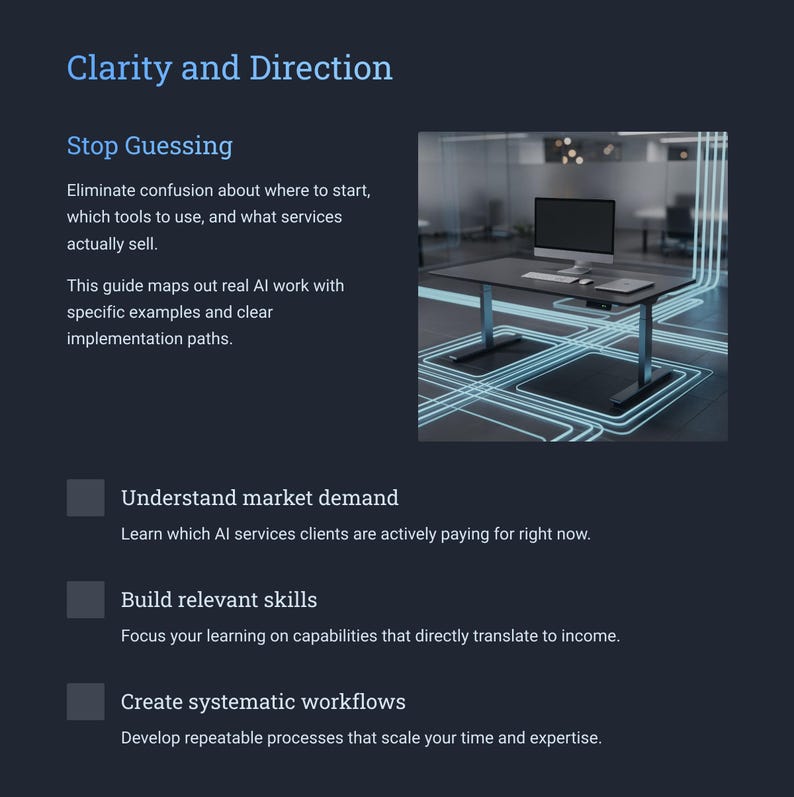 May include: Dark blue graphic with the text "Clarity and Direction" and "Stop Guessing". An image of a black desk with a computer and a glowing blue grid is in the background. The text describes AI services.